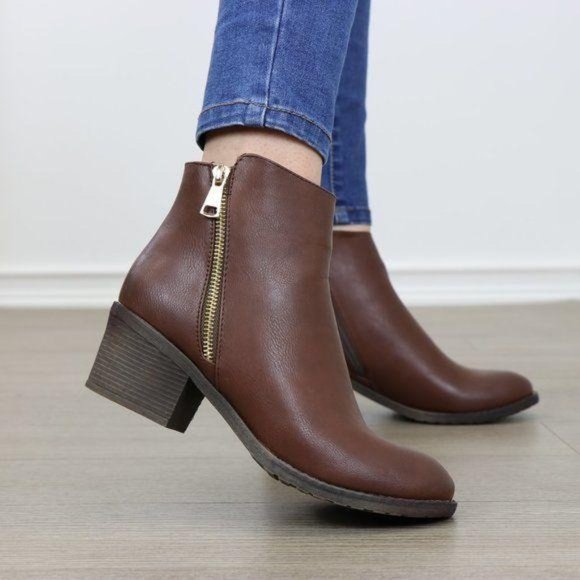 Shoes - Brown Faux Leather Ankle Boots W/ Gold Zipper Block Heel